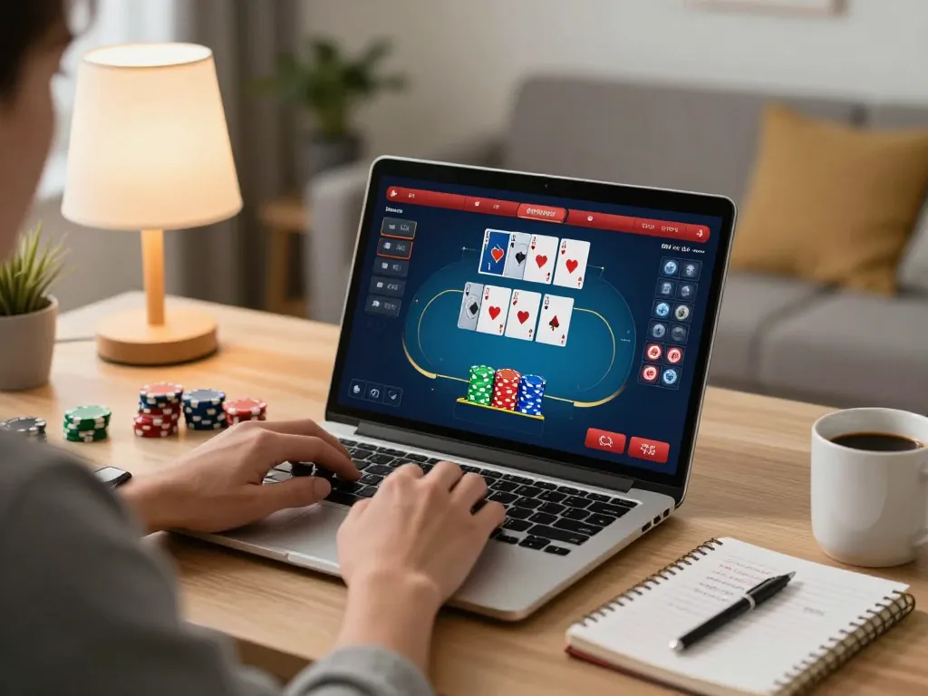 Sunwin player engaging in a casino game on laptop with vibrant card interface displayed.