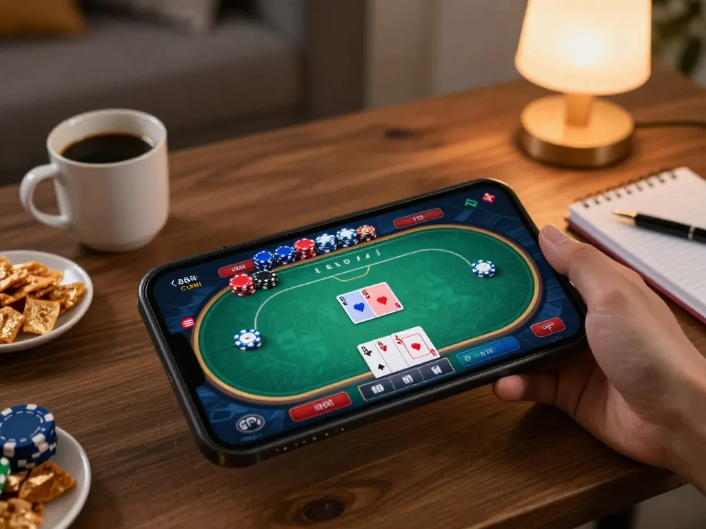 Engaging online poker gameplay on smartphone showcasing 888VI COM and strategy notes in a cozy home setting.