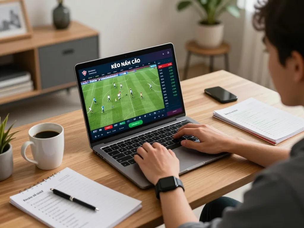 Engaging in kèo nhà cái online sports betting with dynamic odds on laptop.
