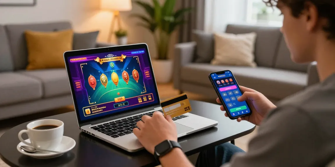Engaged player at a credit card casino, enjoying online gaming with smartphone and laptop in a stylish living room.