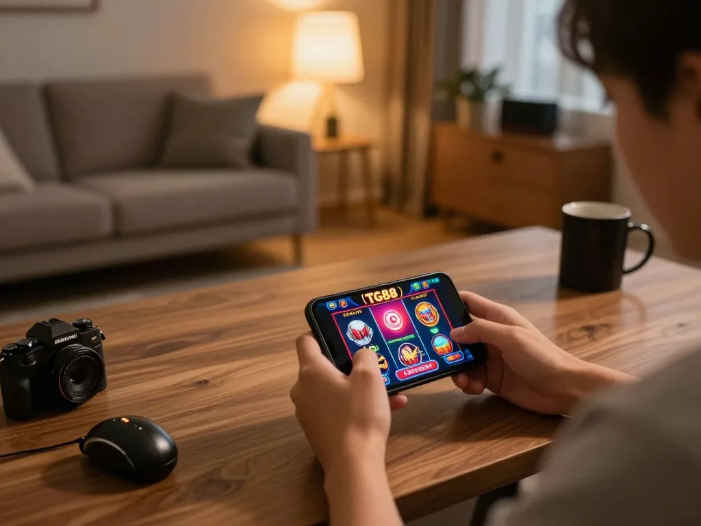 Engaged player using TG88 casino app on smartphone in cozy home setup.