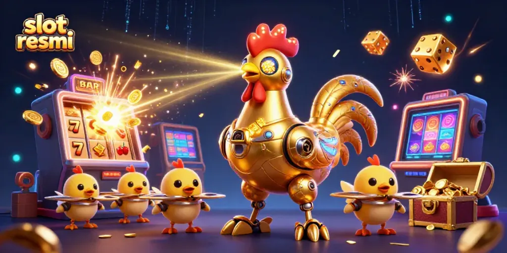 Engage with the dynamic world of slot resmi, featuring a futuristic rooster robot and vibrant casino symbols.