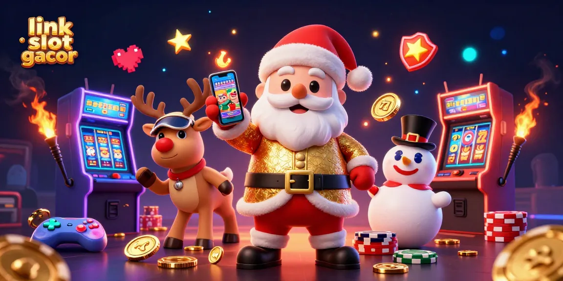 Spin and win with exciting slots in this vibrant link slot gacor illustration featuring Santa and friends.