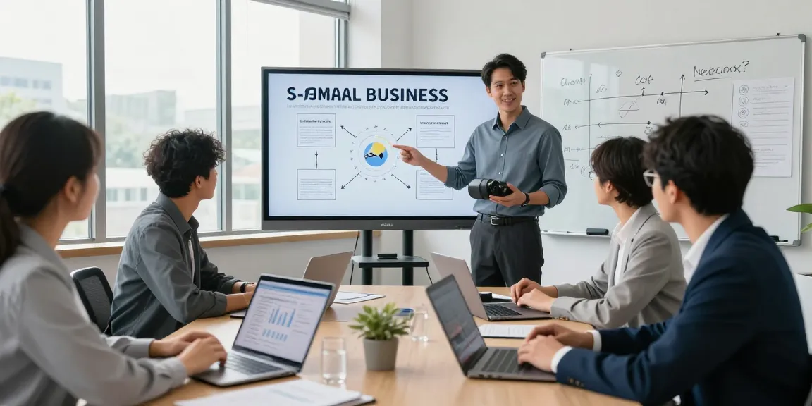 Team discussing how to sell a small business in a modern conference room with a presentation