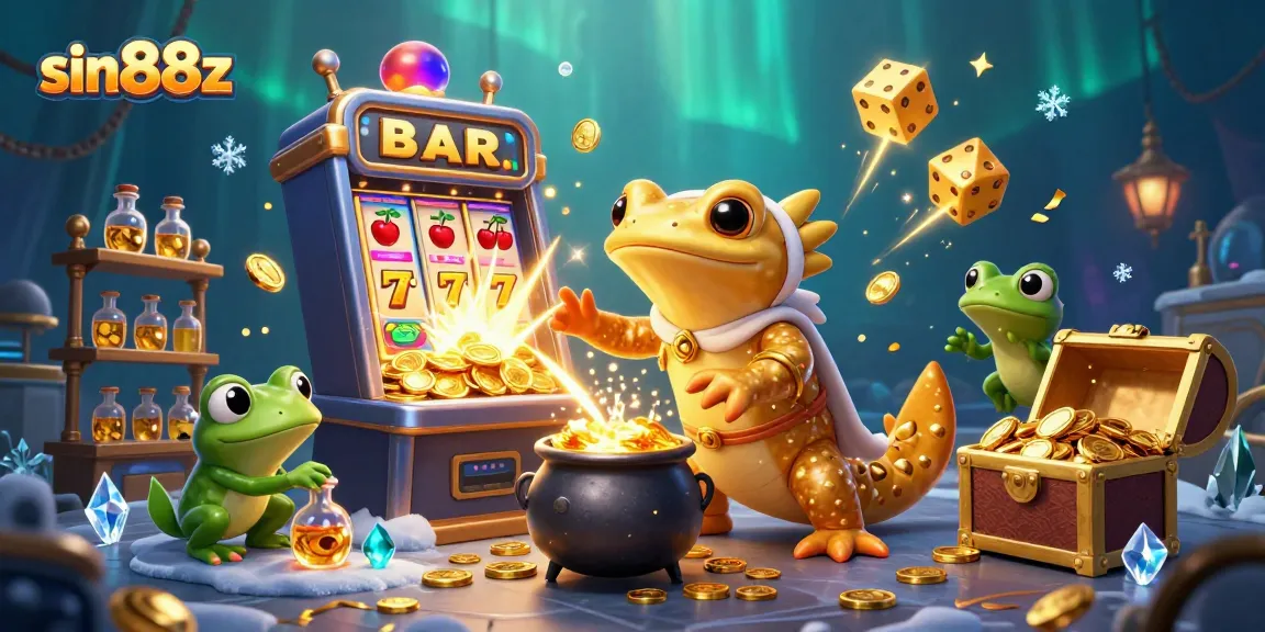 Experience the vibrant world of sin88z with a dynamic golden alchemist scene full of slots and coins.