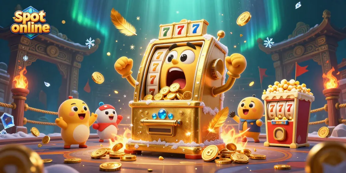 Pemain slot online merayakan kemenangan dengan mesin slot emas dan koin berhamburan di sekitar mereka.
