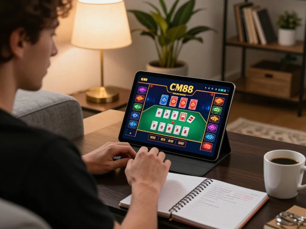 CM88 player engaging with an online casino app on a tablet in a cozy home setting