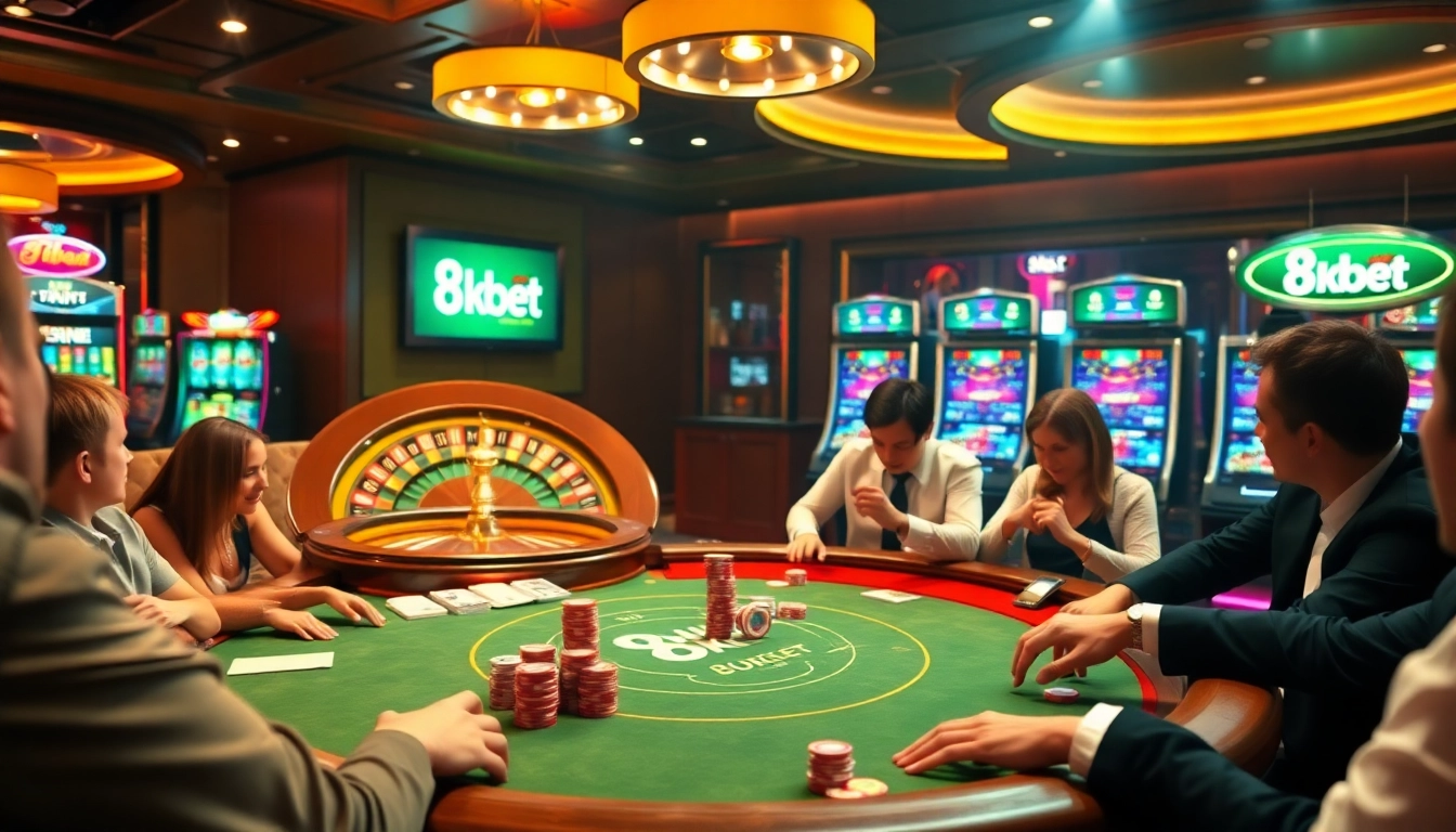 Players engaging in a thrilling poker game at the 8kbet casino table, surrounded by vibrant slot machines.