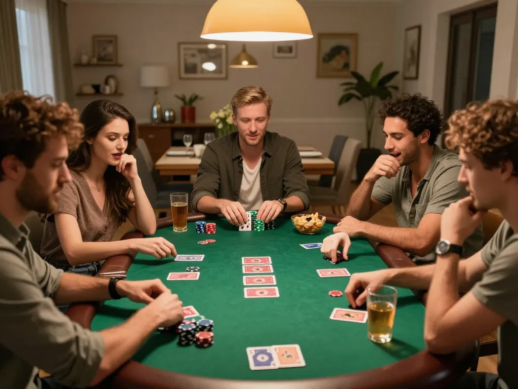 Engaged players enjoying poker night at home, showcasing the go8 social gaming experience.