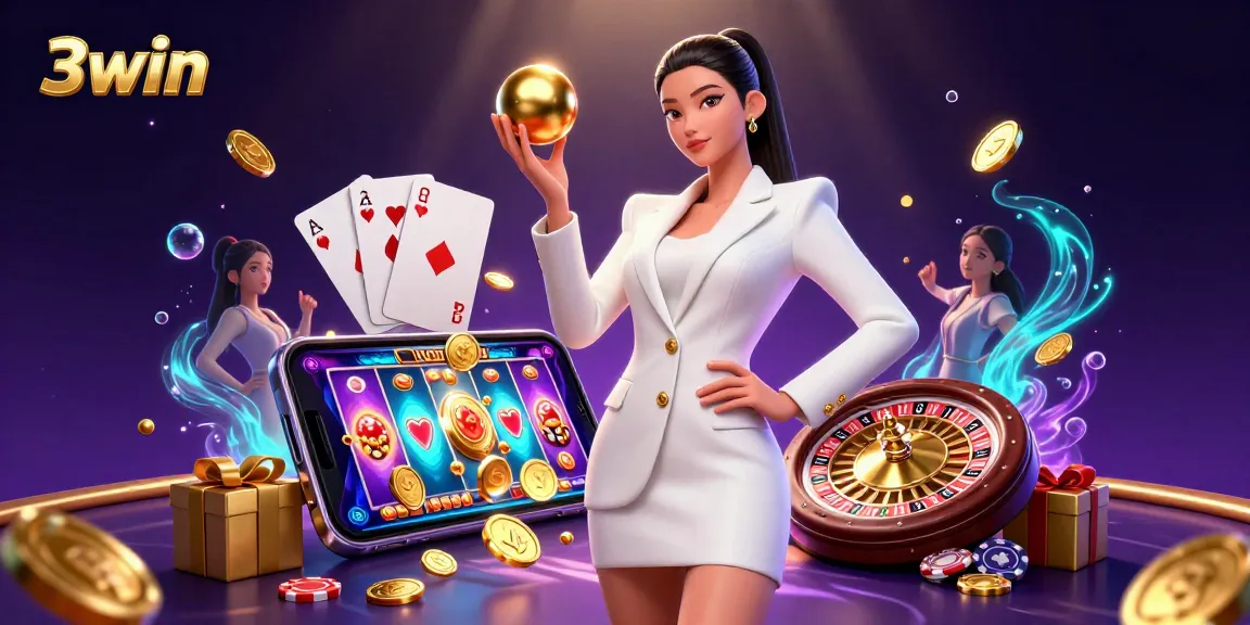 3win showcases a photorealistic Asian woman at a vibrant casino, engaging with dynamic slot games and high-stakes casino fun.