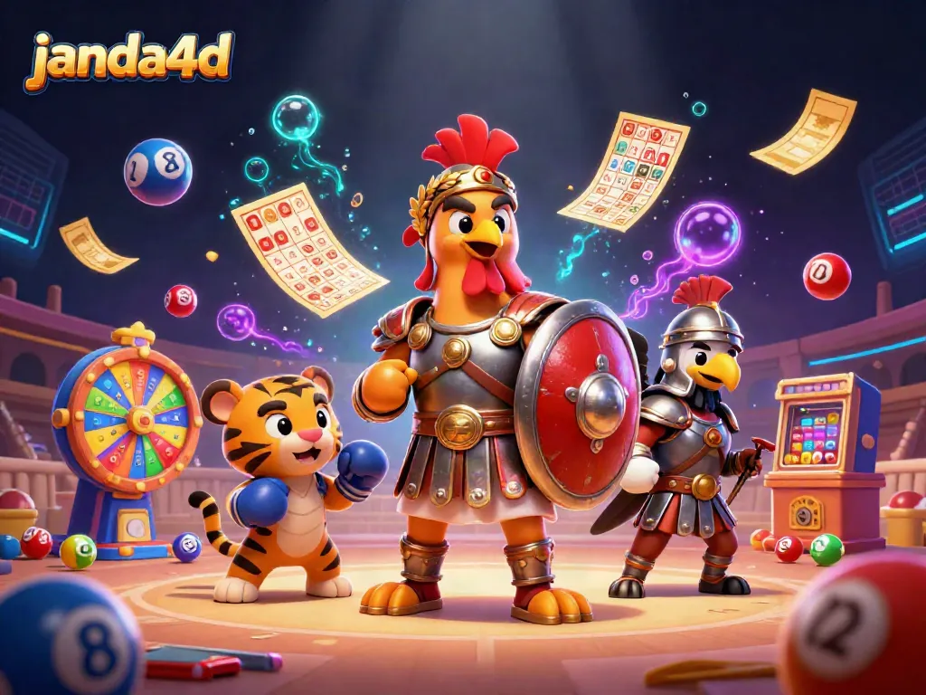 janda4d hadir dengan ilustrasi kartun gladiator ayam dalam suasana kasino yang penuh warna dengan bola lotere