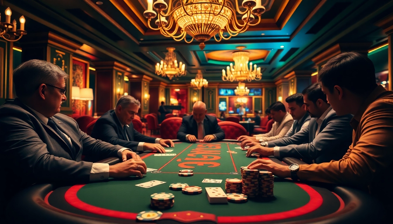 Experience high-stakes poker with B52-themed chips in a luxurious casino setting.