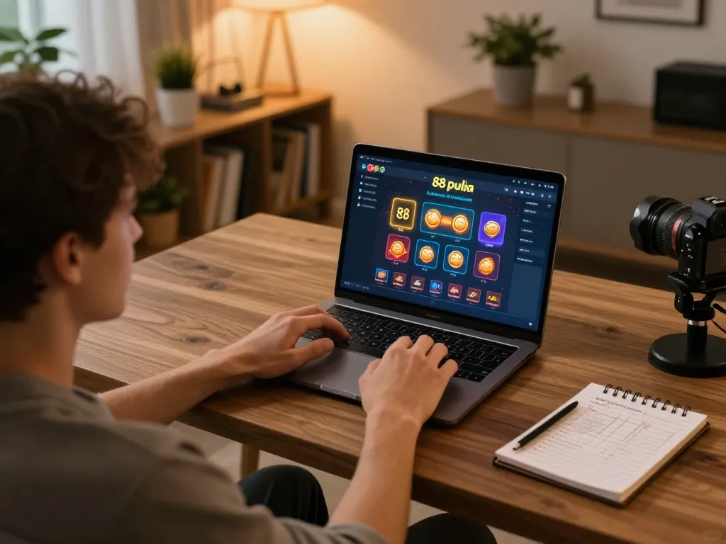 Engaging with 88 pulsa online gaming on a cozy home setup, showcasing betting strategies