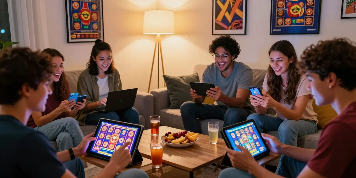 Friends enjoying engaging slot games on tablets in a cozy living room