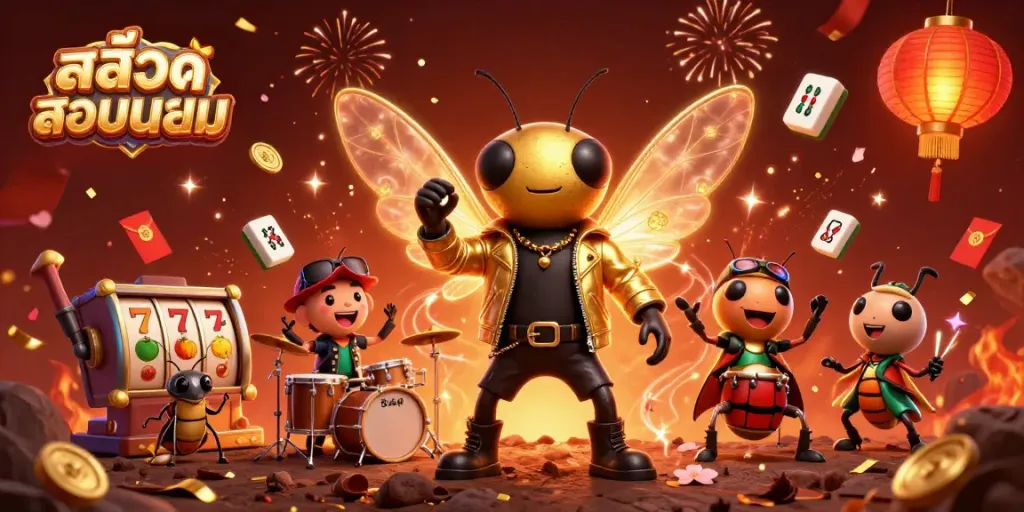 Engage in สล็อตยอดนิยม with captivating 3D slots-themed illustration featuring a rock star cicada and dynamic casino elements.