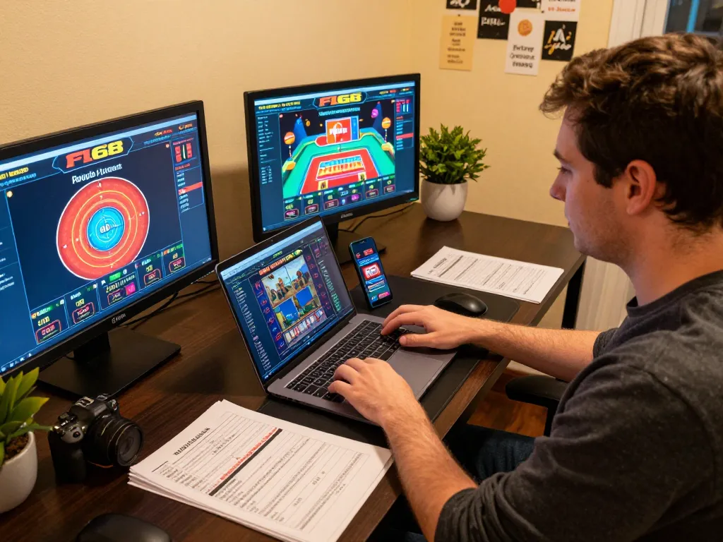 Engaging in F168 online gaming with laptop and smartphone in a cozy environment, focusing on strategic gameplay
