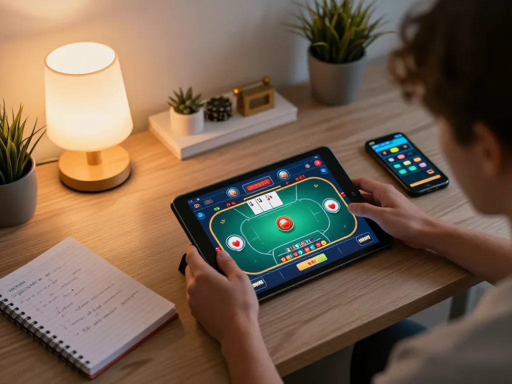 IWIN player enjoying online casino action on tablet in a cozy home setup