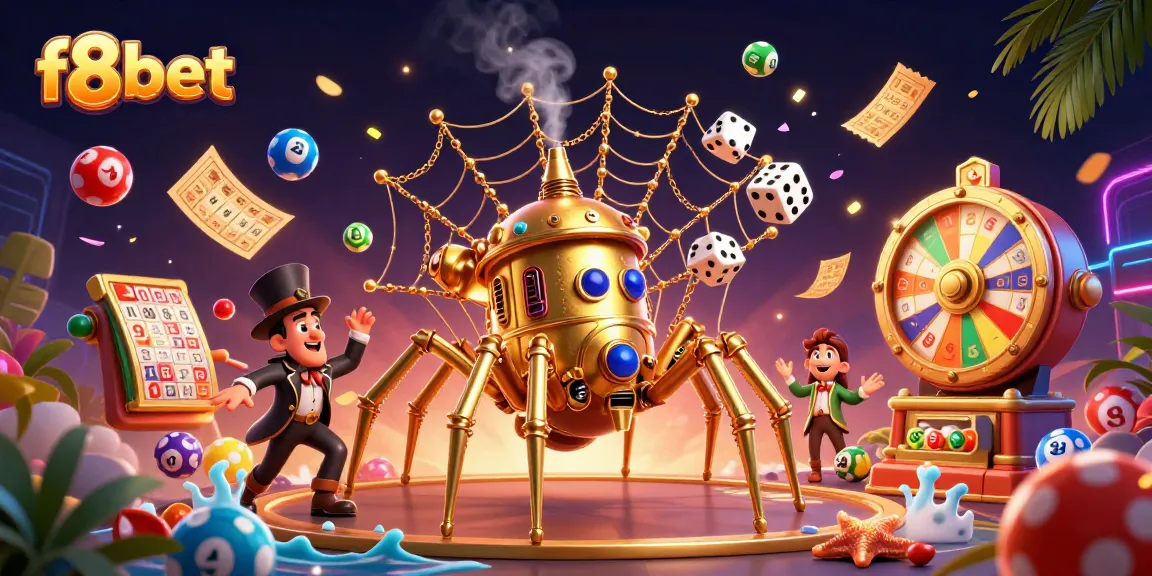 Engage with thrilling f8bet gaming action as the steampunk spider catches unlucky dice in a vibrant casino scene.