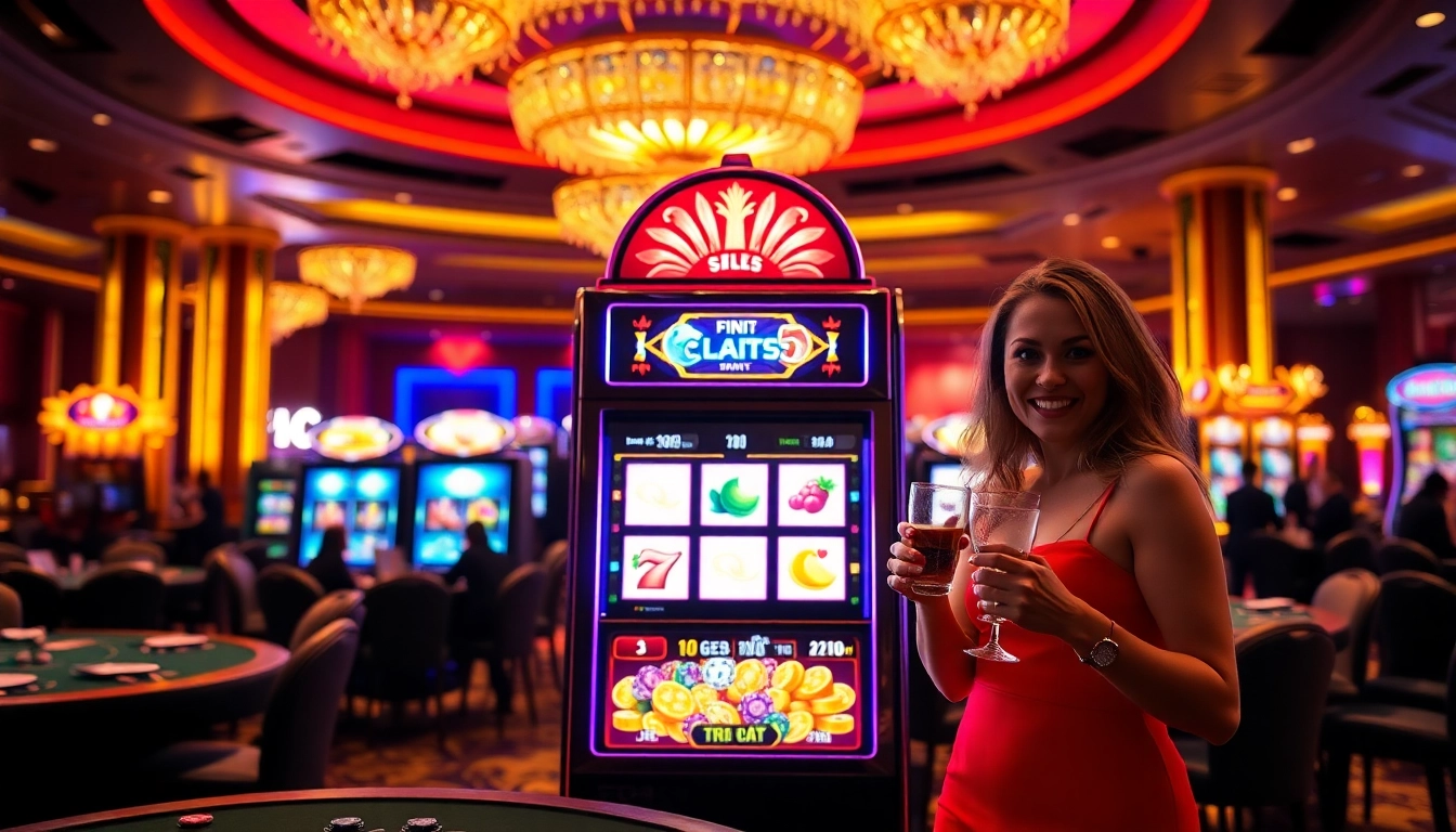 Excited players engage with an idn slot machine in a luxurious casino setting.
