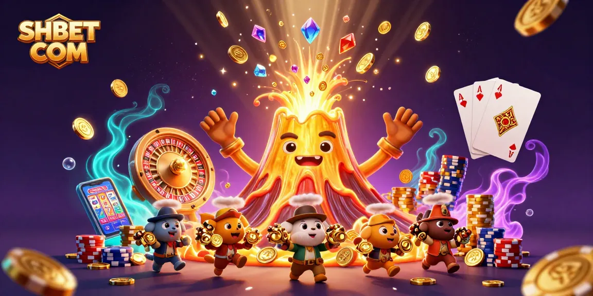 Experience thrilling excitement at SHBET COM, watching a volcano erupt coins and gems in a vibrant casino scene.