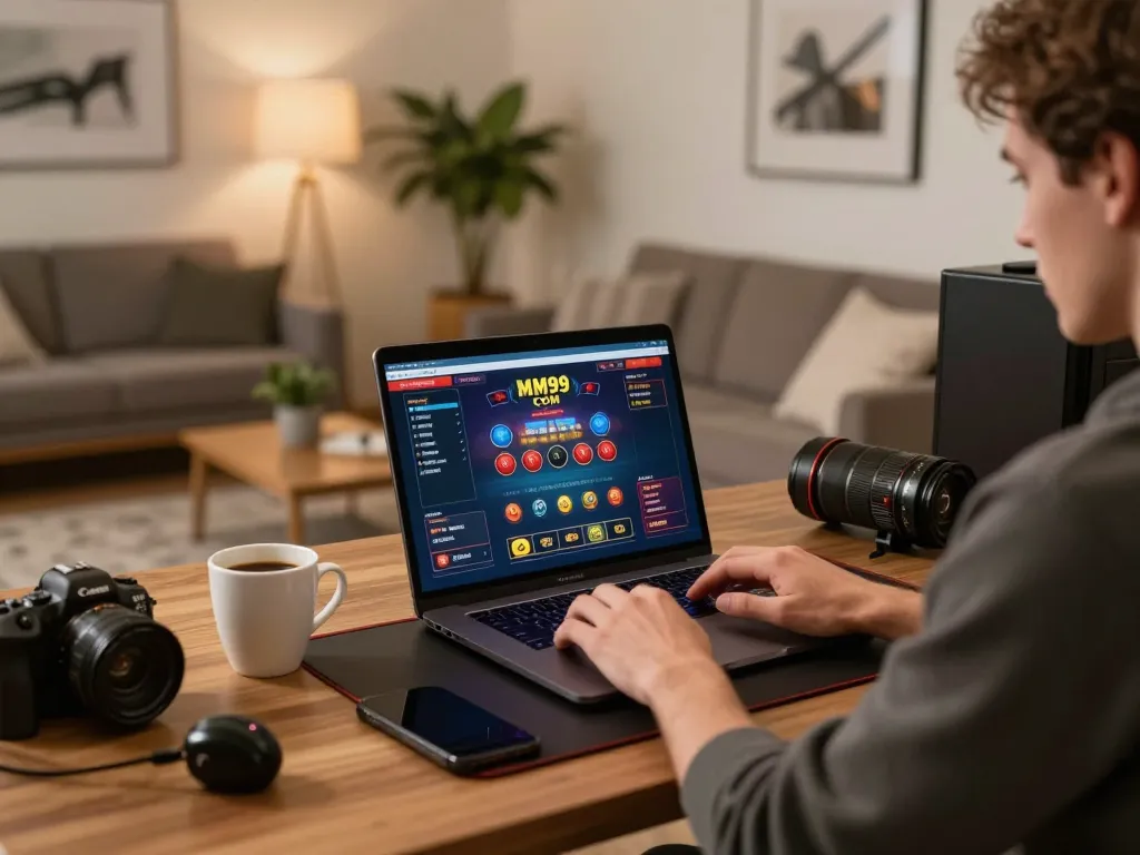 Engaged player using MM99 COM for online gambling at a cozy home setup with laptop and coffee.