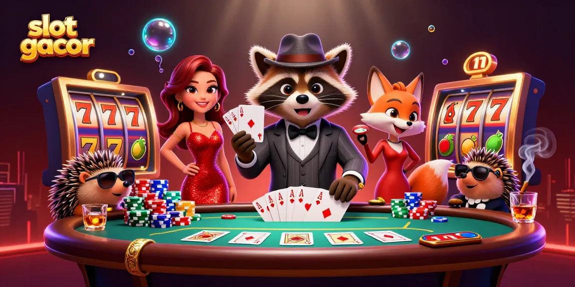 Experience premium gameplay with slot gacor showcasing a raccoon, fox, and hedgehog in an animated casino scene.