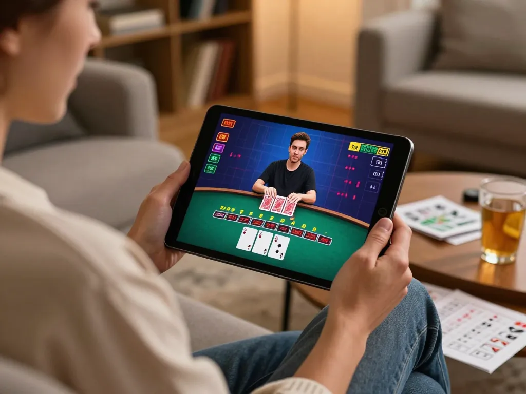 Engaging in online blackjack gameplay with m111 strategy notes in a cozy home setting