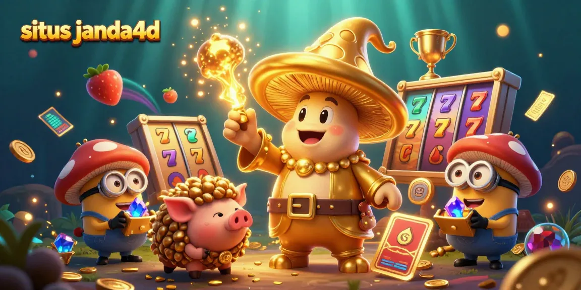 Menangkan jackpot dengan situs janda4d, menggambarkan karakter konyol dan simbol keberuntungan permainan slot.