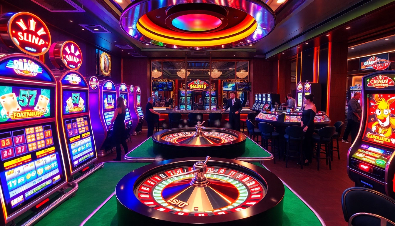 Experience the thrill of "slot gacor" with vibrant casino scenes featuring slot machines and excited players.