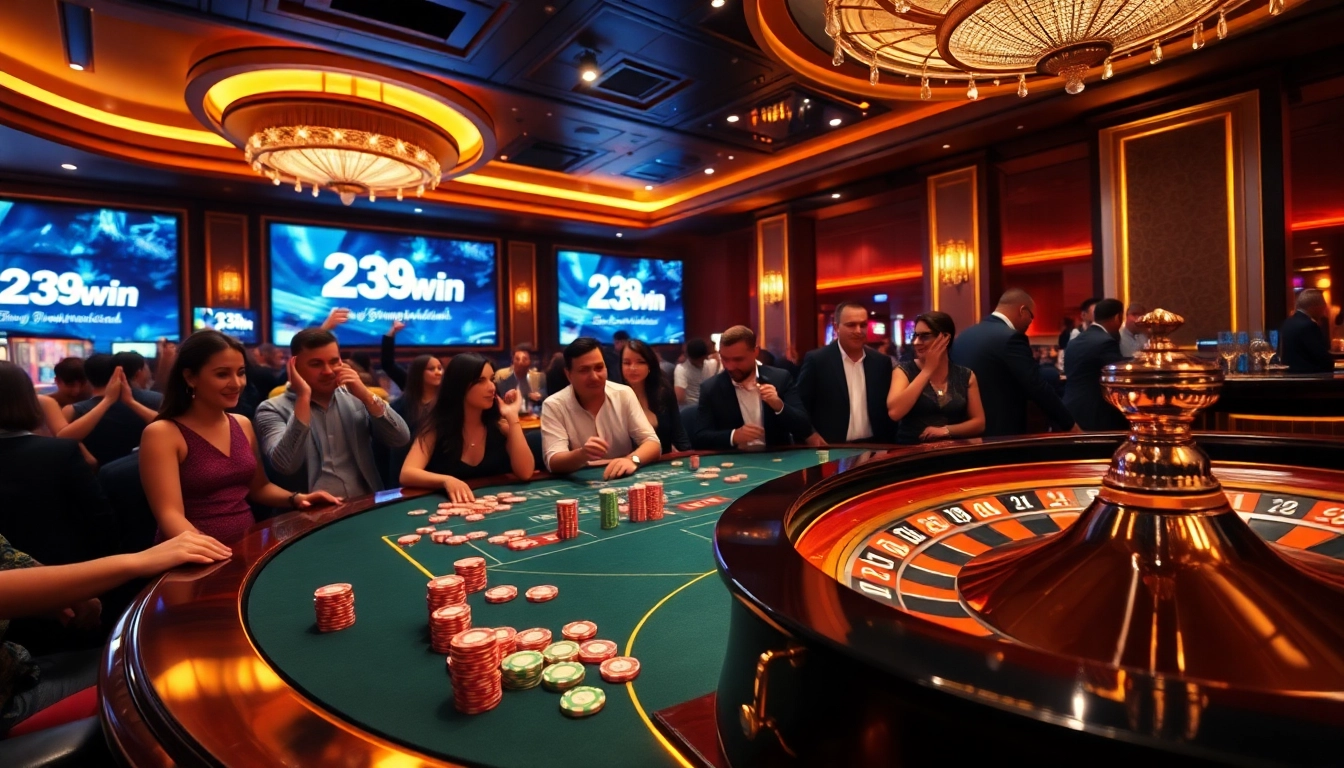 Players enjoying a thrilling poker game at 23win casino with vibrant chips and a roulette wheel.
