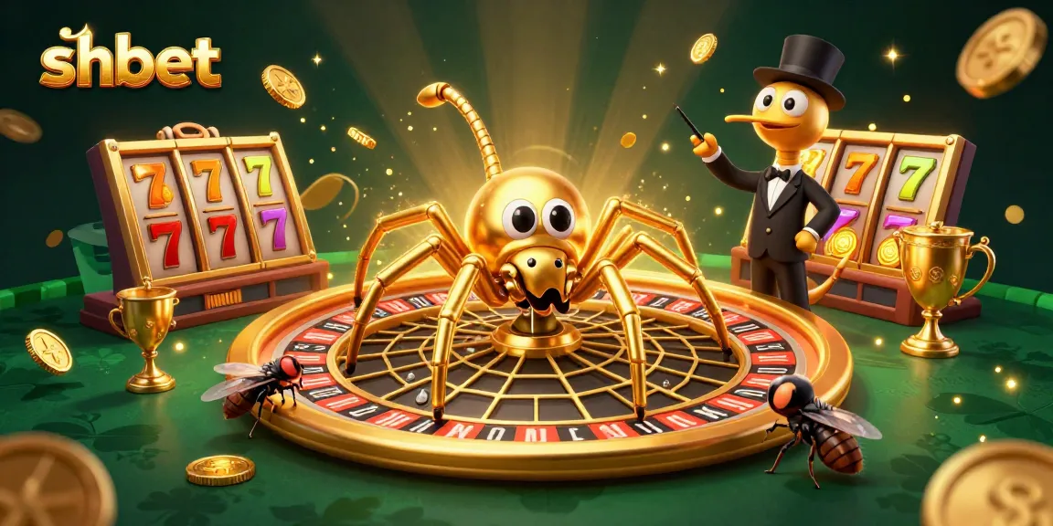Engage in thrilling bets at SHBET, where a golden spider spins a roulette wheel web in a vibrant casino.