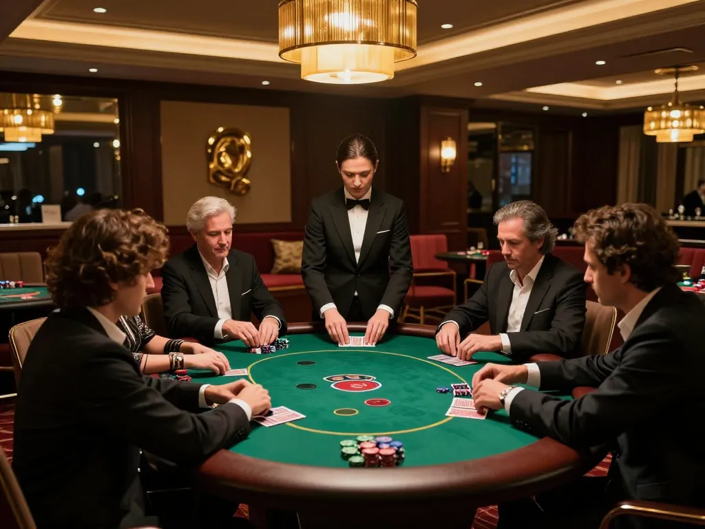 Engaged players at KK55's exclusive poker table in a luxurious casino setting