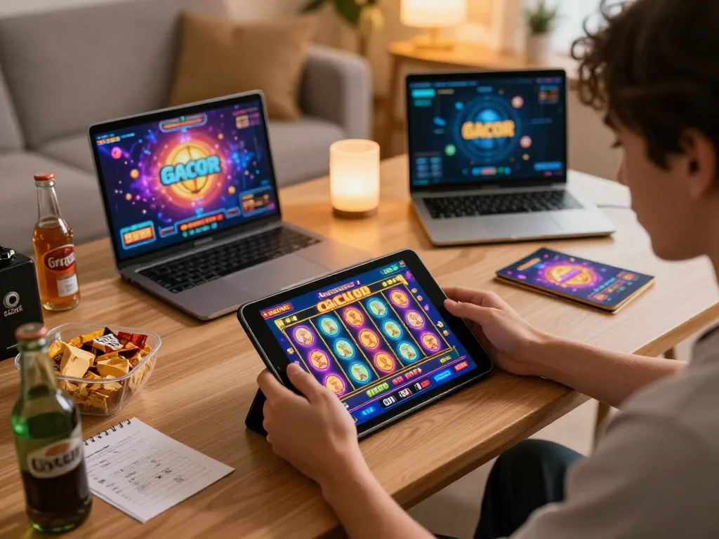 Engaged player enjoying slot gacor game on tablet in cozy home setting, delightful atmosphere.