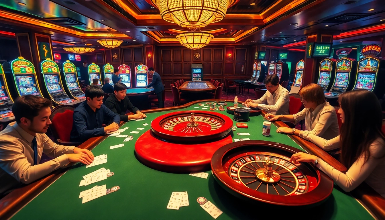 Gamblers enjoying high-stakes games at RAJALUCK casino platform, showcasing poker and roulette
