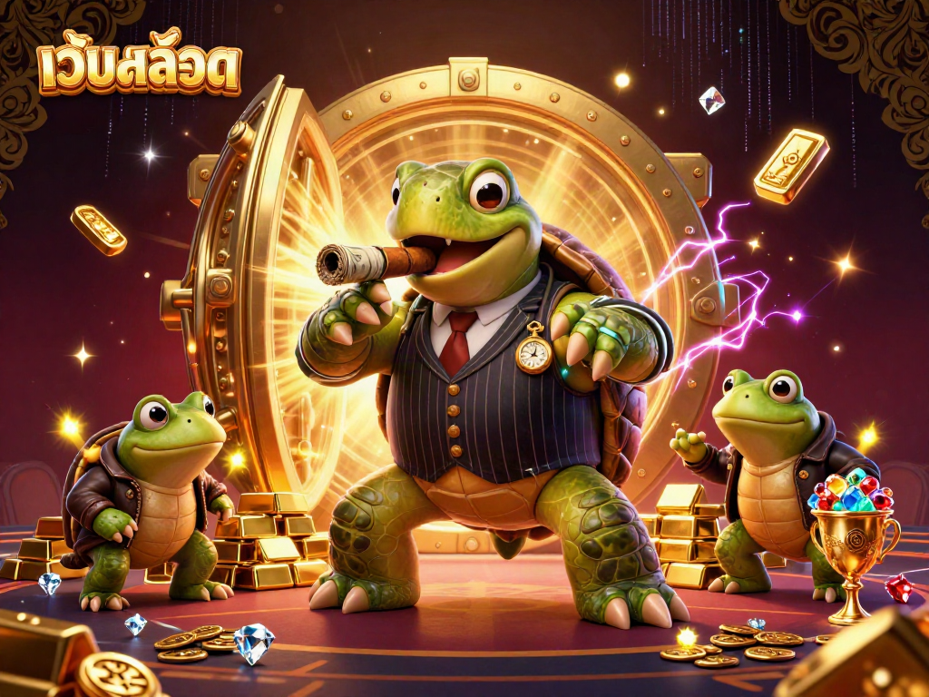 Win big on เว็บสล็อต as a cartoon turtle in a mobster suit celebrates with treasure amidst lights.