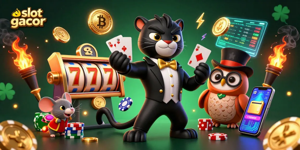 Experience the thrill of slot gacor with a stylish panther dealer, vibrant coins, and lucky symbols in an exciting casino atmosphere.