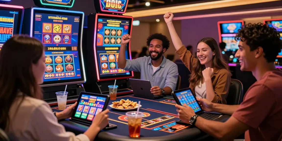 Friends celebrating at a virtual casino table exploring new online slot sites in 2026.