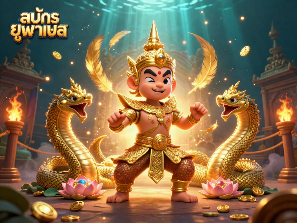 Experience สมัครยูฟ่าเบท with a captivating illustration of a temple guardian, Naga serpents, and vibrant casino elements.