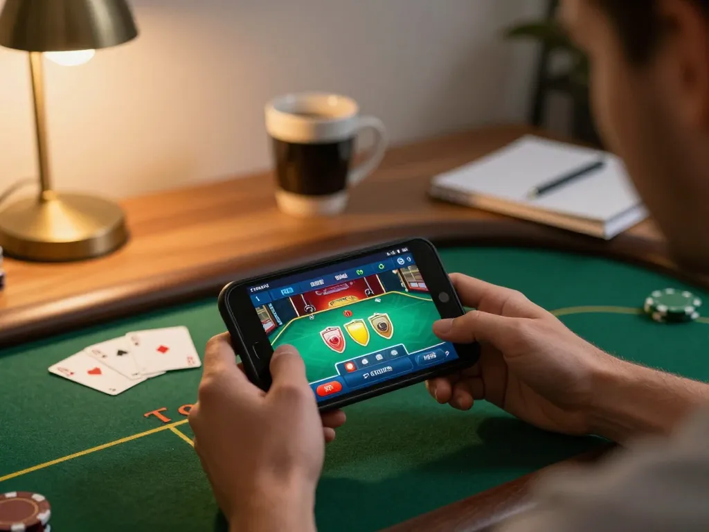 Player engaging with lv88seo app for poker in a cozy home, warm lighting enhances gaming experience.