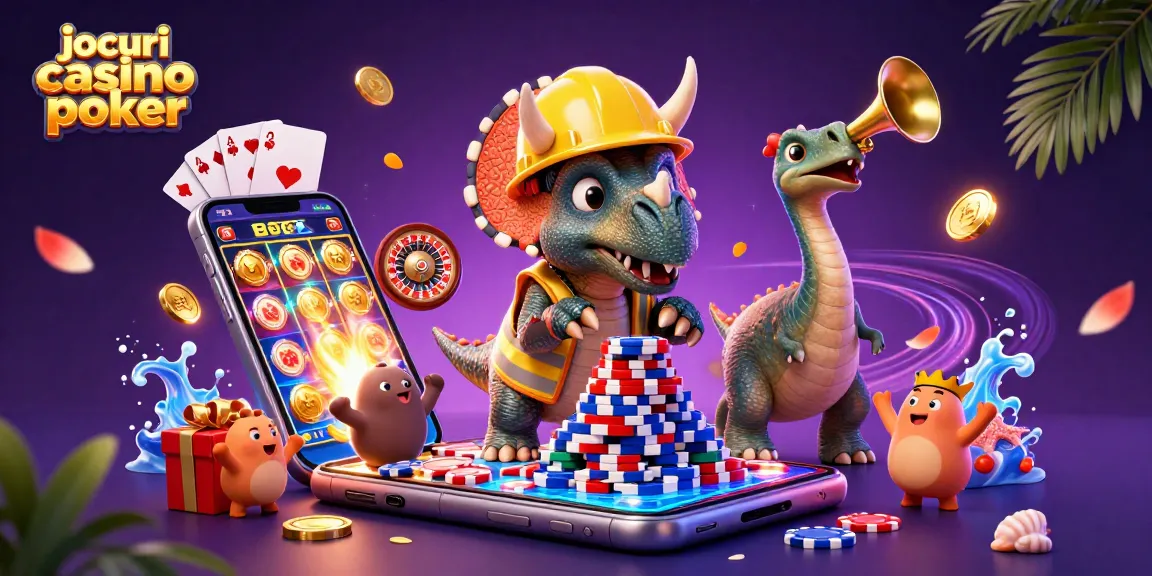 Joacă jocuri casino poker cu un triceratops și elemente de sloturi captivante în fundal.