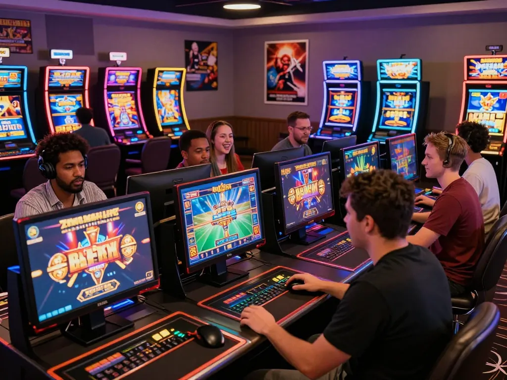 Players enjoying a thrilling online casino experience with zeus138 slot games in a vibrant, modern gaming environment.