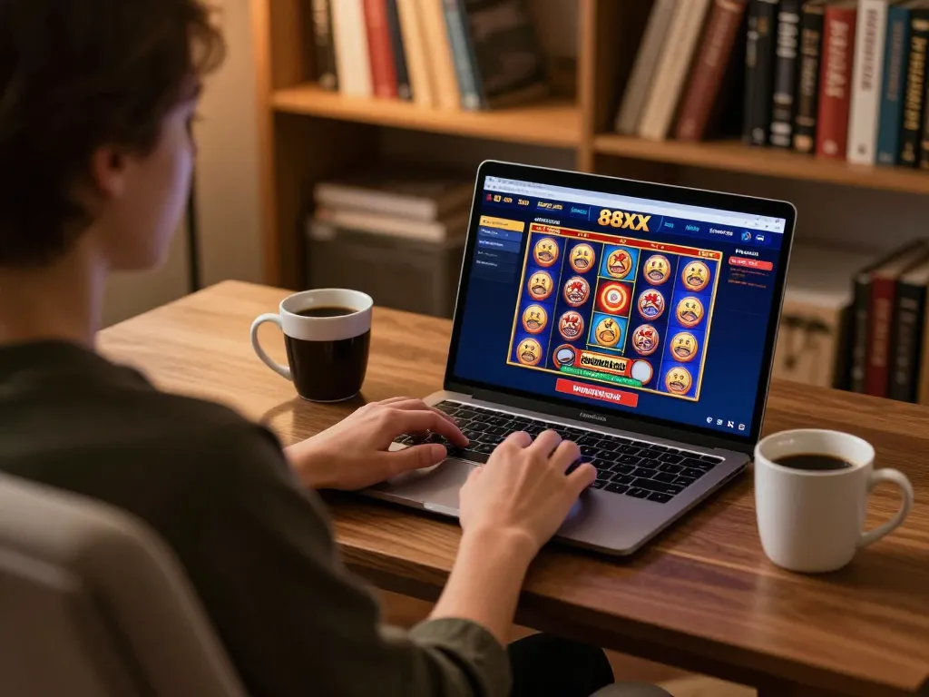 Player engaging with 88xx online casino games on laptop, immersed in responsible gaming.
