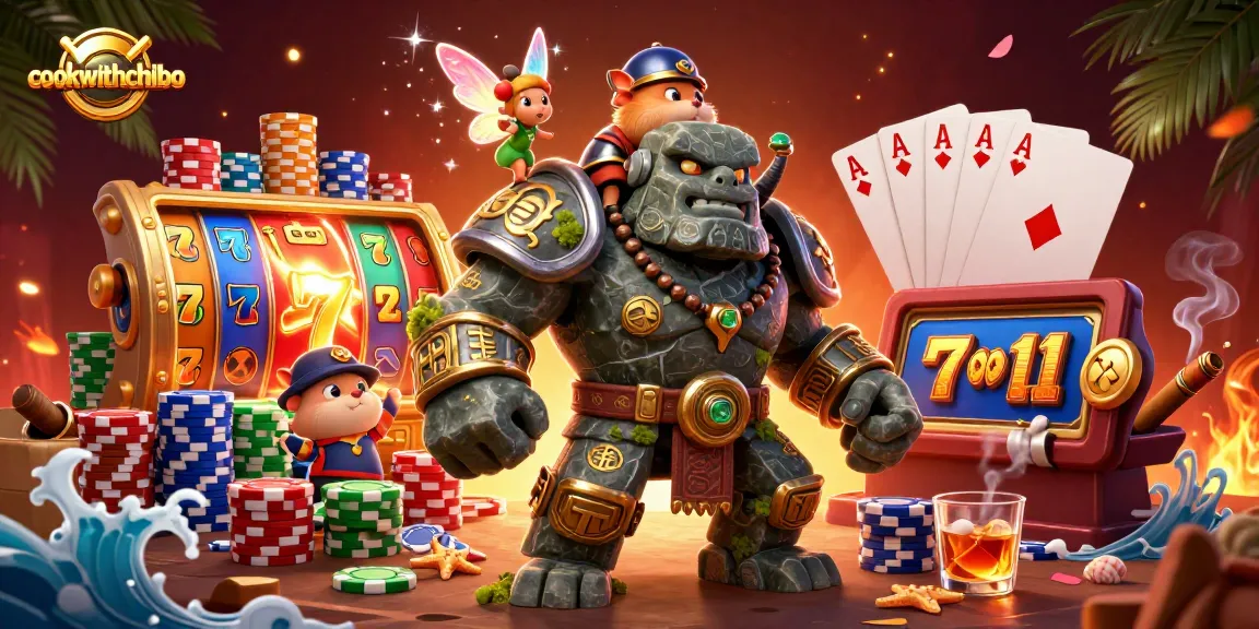 Mainkan slot online di cookwithchibo dengan simbol keberuntungan yang menyala dan suasana kasino yang hidup.