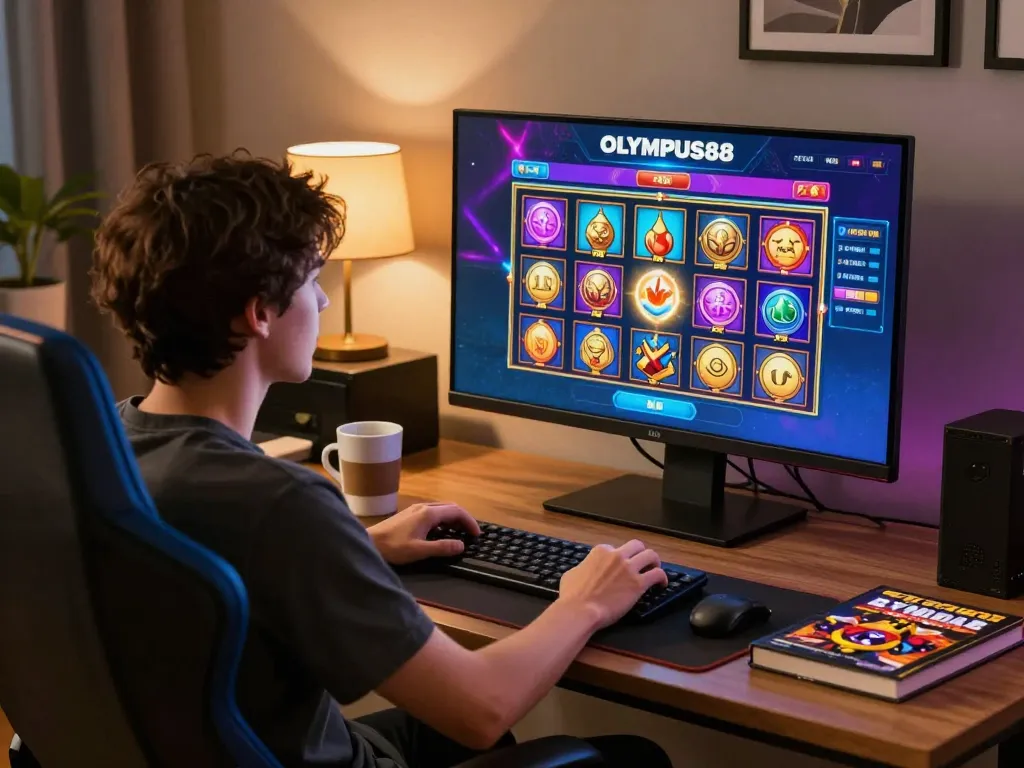 Engaging with OLYMPUS88 online slot game on a vibrant gaming setup.