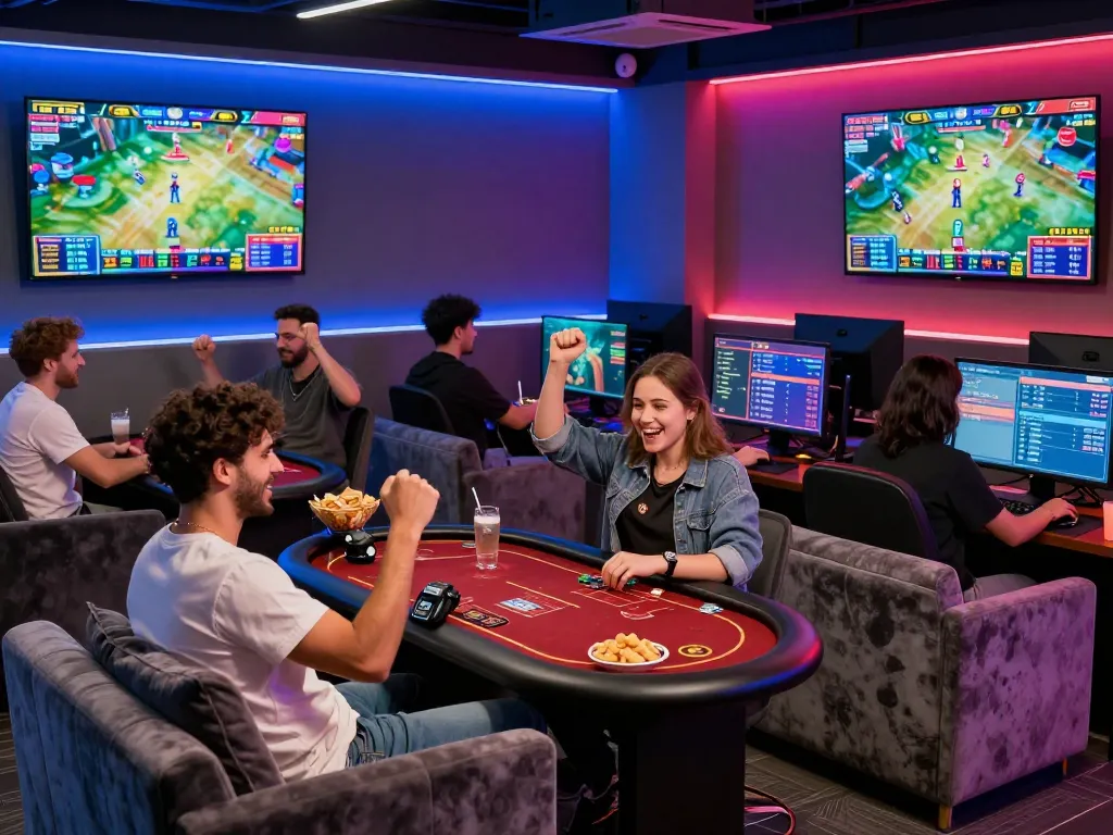 Exciting gaming hub ambiance at https://sc88e.com/ with players enjoying online casino games in a vibrant lounge.