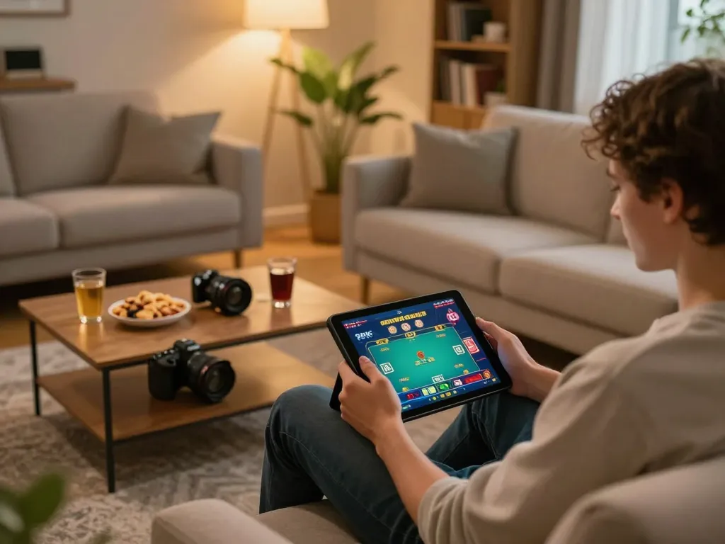 Engaging household scene of a player enjoying dh88 poker on a tablet with snacks around.