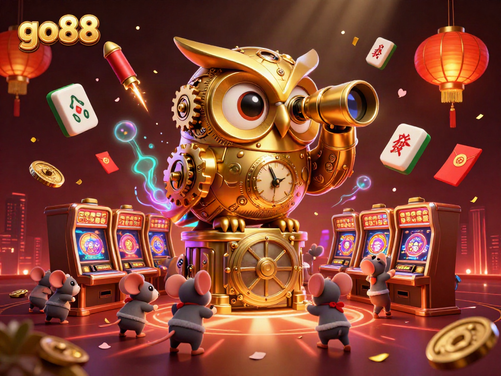 Experience go88's vibrant casino scene with golden owl and animated mice patrons amidst floating game elements.
