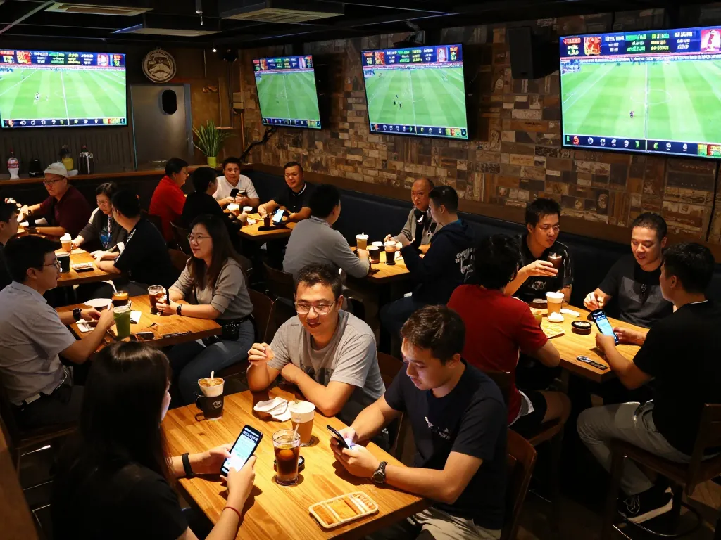 Spectators engaging in soi kèo bóng đá while watching live football matches at a vibrant sports bar.