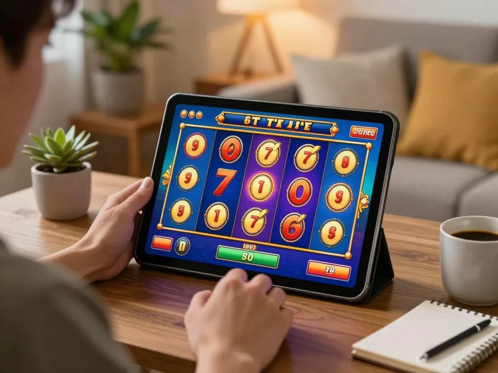 Player enjoying a thrilling slot game experience at home, dreidelsandmore gaming setup with vibrant visuals.