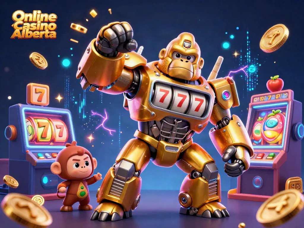 Experience thrilling action in Online Casino Alberta with a golden gorilla mech and casino-themed elements.
